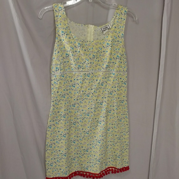 Vintage Cotton Mini Dress Yellow Floral Red Trim - Picture 8 of 8